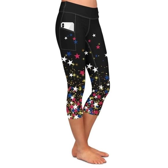 Pants - Falling Twinkle Star Print Capri Leggings w/ Pockets - Red White & Blue